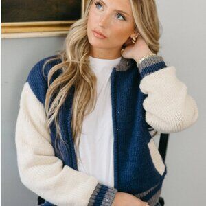 Steve Madden Blue and Cream Varsity Jacket Knit Fernando Jacket